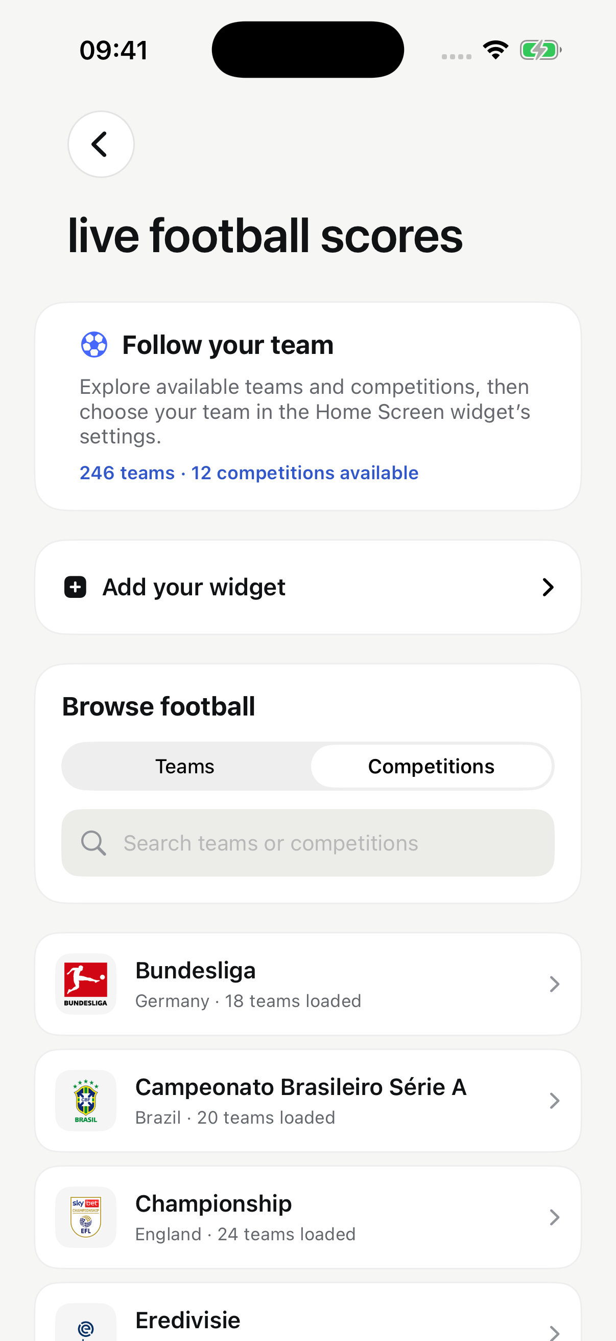 The CarWidgets football competition browser, showing available competition names and supplied logos.