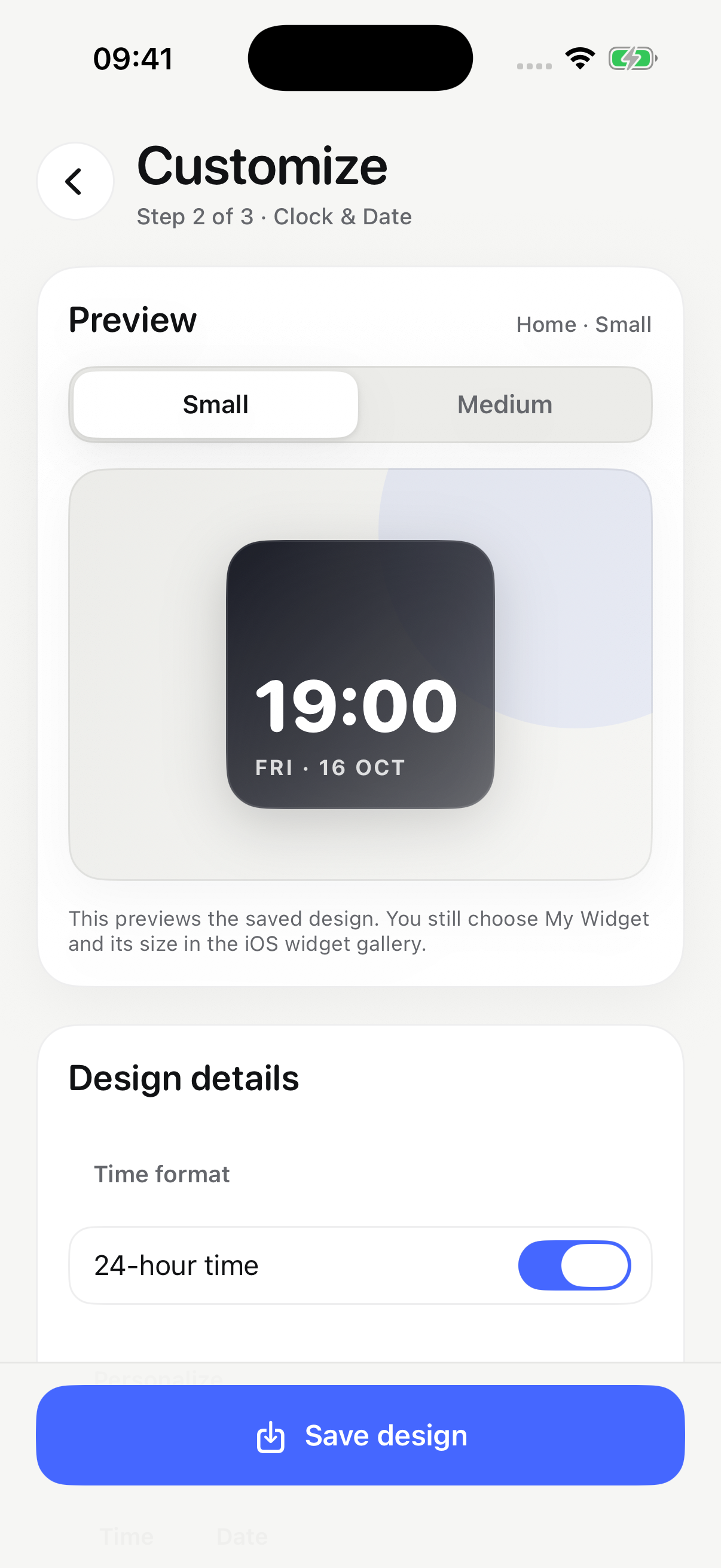 The Clock & Date editor in CarWidgets, with a real widget preview and customization controls.